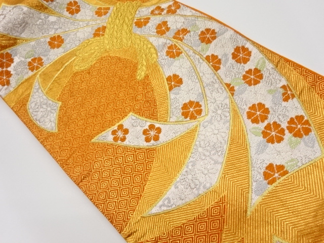 Recycled Saga Nishiki brocade woven pouch obi with bunching noshi and floral pat